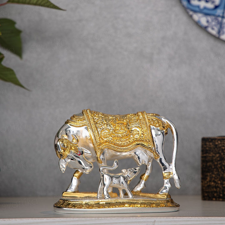 Vastu Kamdhenu Cow with Calf Idol | Gold & Silver Plated - By Trendia