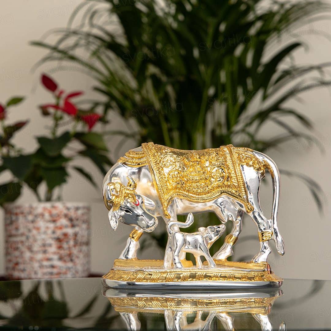 Vastu Kamdhenu Cow with Calf Idol | Gold & Silver Plated - By Trendia