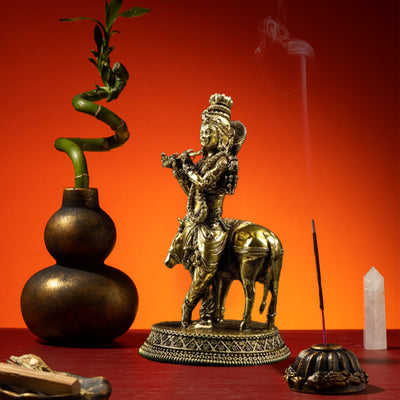 Shri Krishna with Calf Statue | Brass (7 Inch)- By Trendia