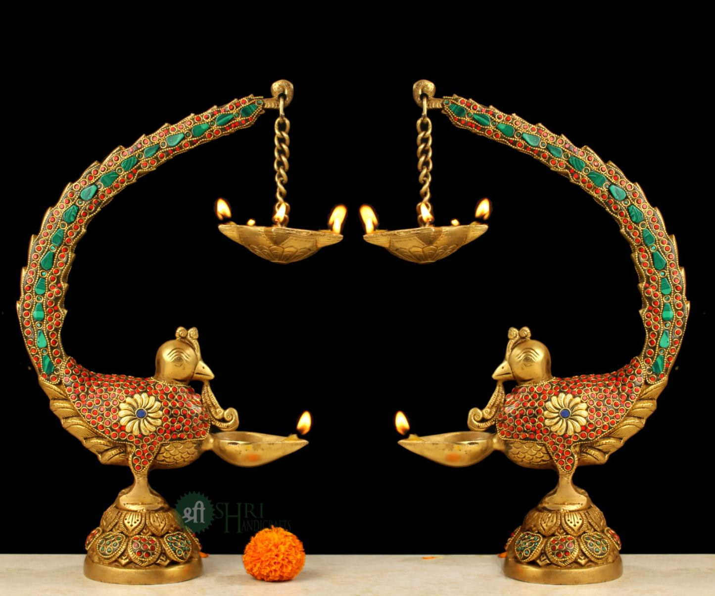 BRASS DEEPAK BIRD STONE WORK