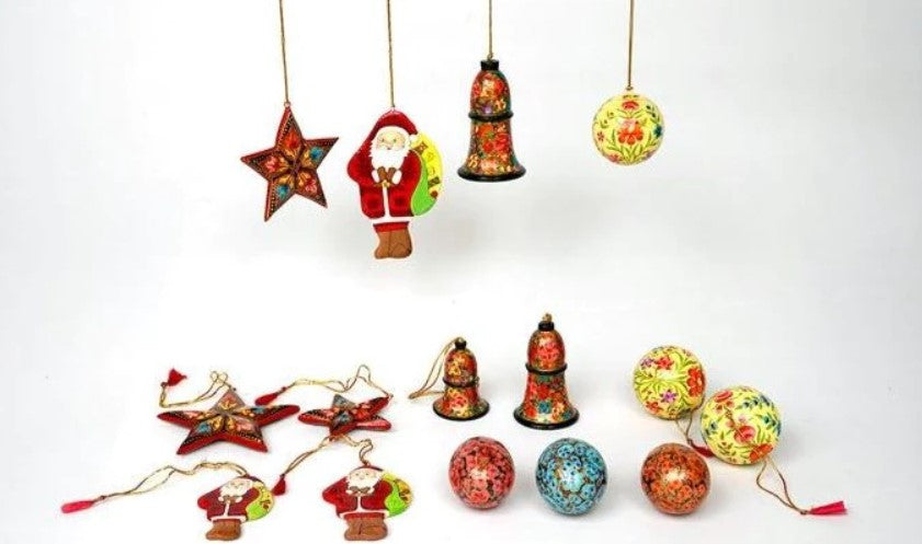 Christmas Paper Mache Handcrafted Decorations Combo Pack (S)