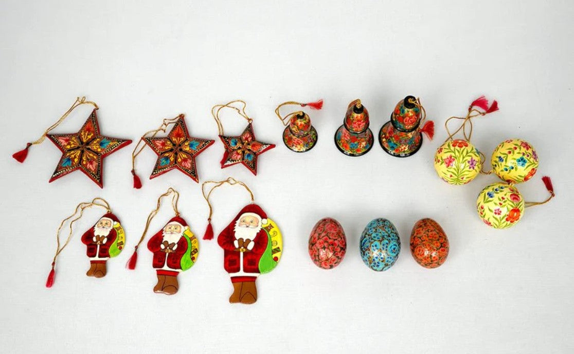 Christmas Paper Mache Handcrafted Decorations Combo Pack (S)