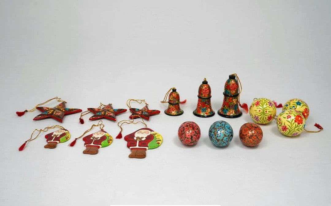 Christmas Paper Mache Handcrafted Decorations Combo Pack (S)