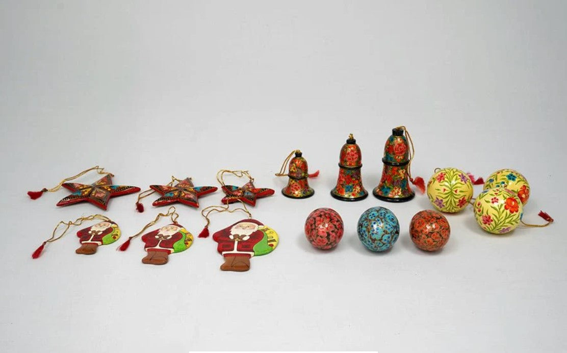 Christmas Paper Mache Handcrafted Decorations Combo Pack (S)