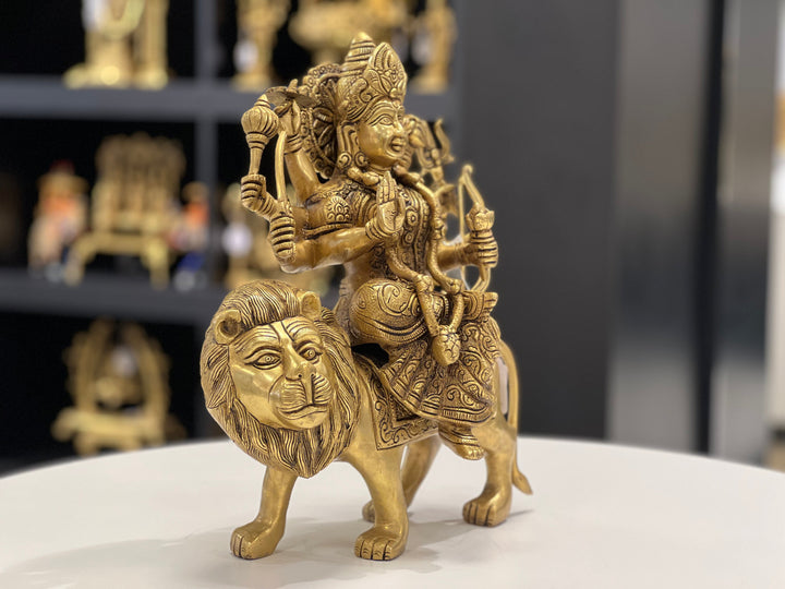 14" BRASS DURGA SITTING ON LION BRT-1 - VK