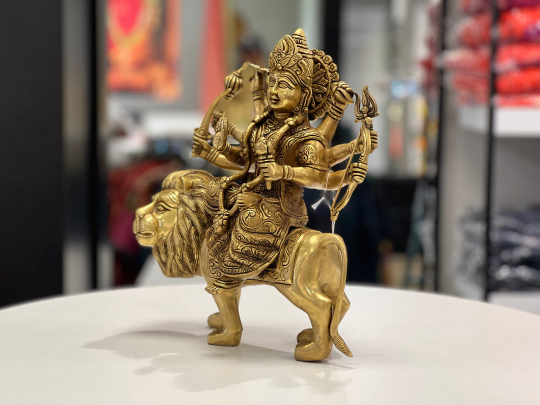 14" BRASS DURGA SITTING ON LION BRT-1 - VK