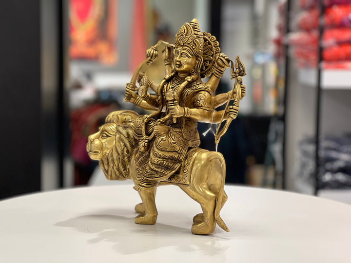 14" BRASS DURGA SITTING ON LION BRT-1 - VK