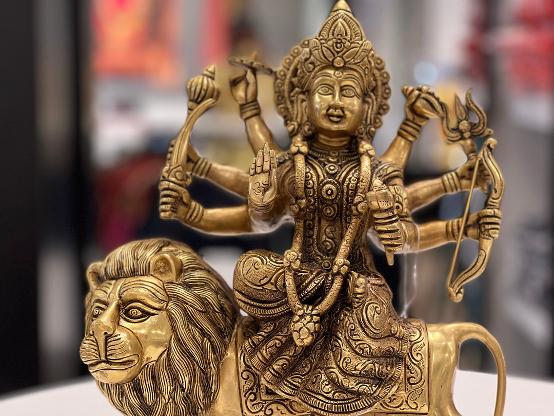 14" BRASS DURGA SITTING ON LION BRT-1 - VK