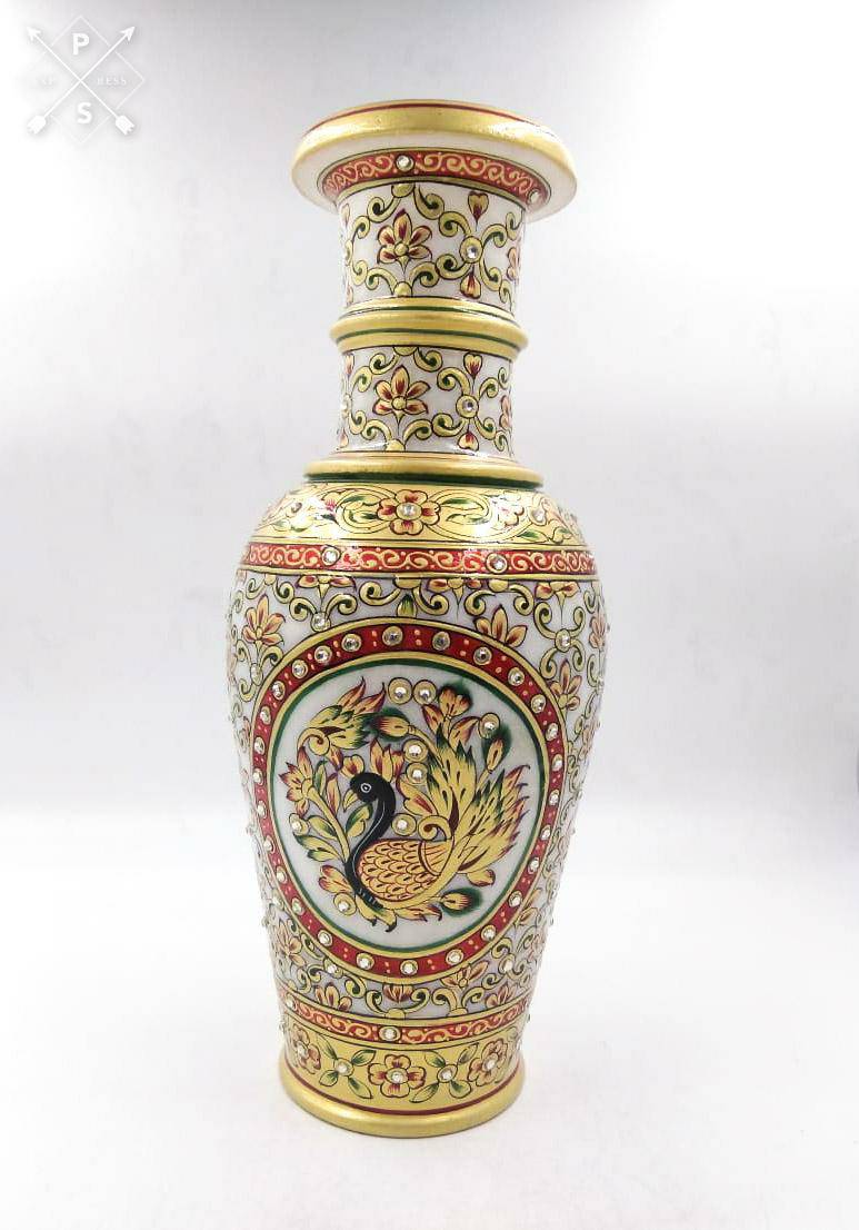 12" MARBLE FLOWER VASE EMBOSED PAINTING