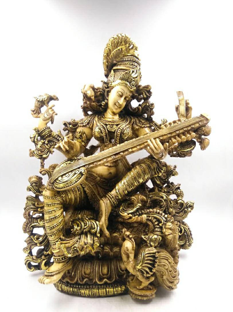 18" SARASWATI SITTING VEENA PAINTING ANTIQUE