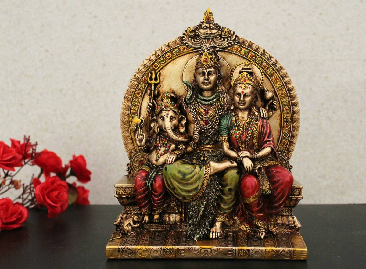 8" LORD SHIVA WITH MATA PARWATI AND GANESHA METAL FINISH