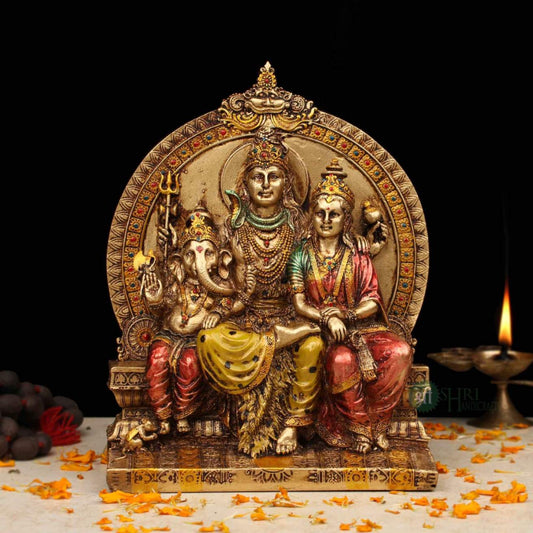 8" LORD SHIVA WITH MATA PARWATI AND GANESHA METAL FINISH