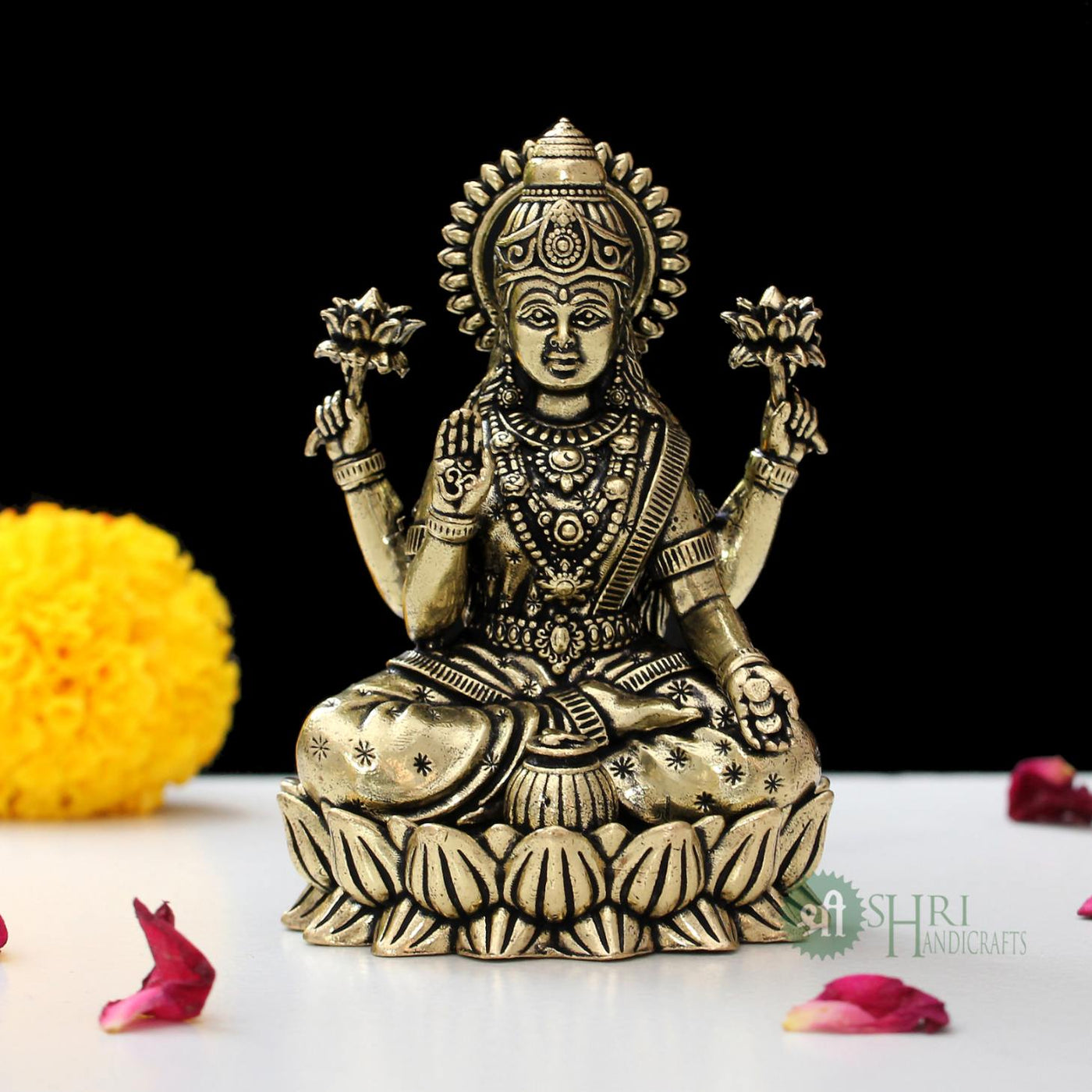 Brass Lakshmi In Lotus Brass Idol 3.5 Inch By Trendia Decor