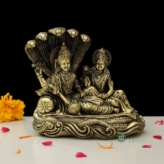 Lord Vishnu & Goddess Lakshmi Seated On Sheshnag Brass Idol 5 Inch By Trendia Decor