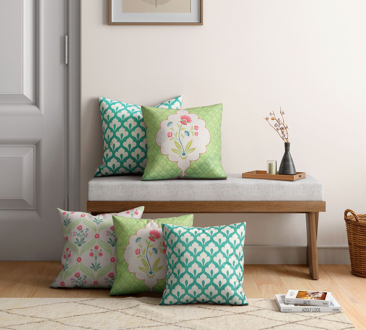 Blooming Dahlia Satin Blend Cushion Cover Set of 5