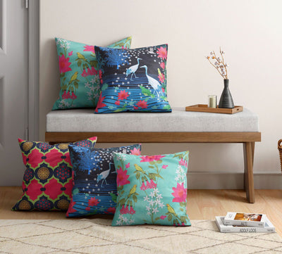 Blooms & Swans Blended Velvet Cushion Cover Set of 5