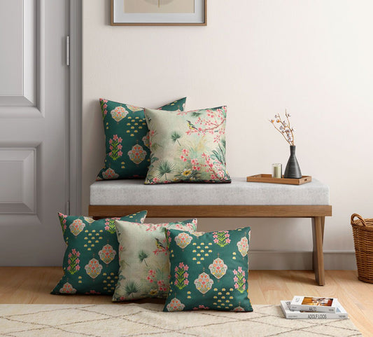 Inflorescence Frolic Satin Blend Cushion Cover Set of 5