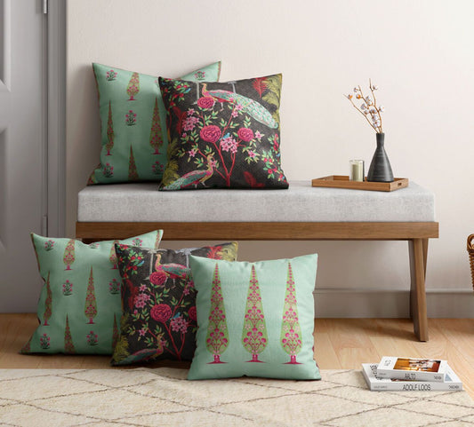 Peacock & Conifer Blended Velvet Cushion Cover Set of 5