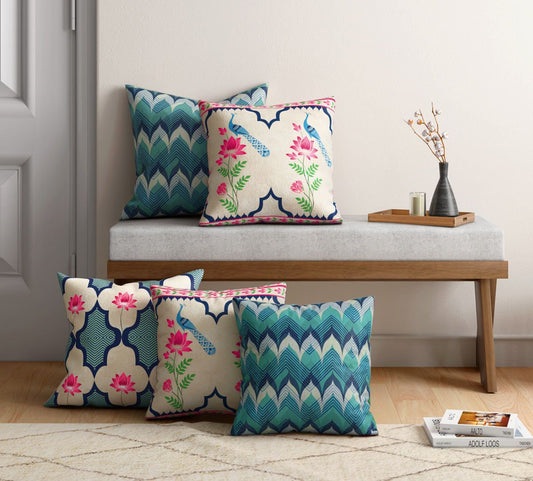 Indigo Mayhem Satin Blend Cushion Cover Set of 5